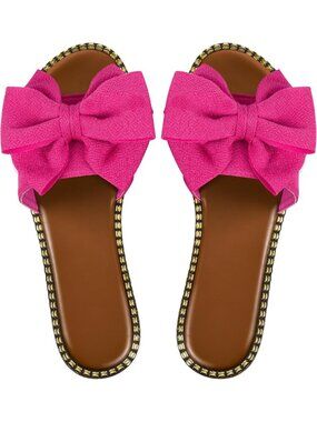 Women's Hot Pink Bow Knot Slides Open Toe Flat Sandals Slip On Beach Shoes